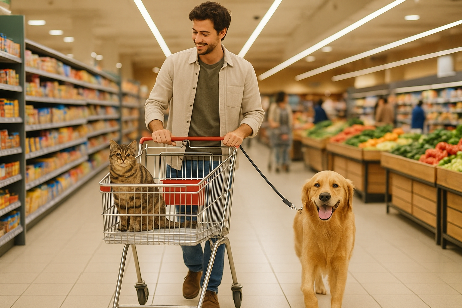 Image of a cat and dog inside a supermarket store with products, accompanied by their owner